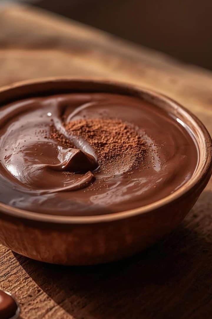 Brigadeiro de colher served in a rustic ceramic bowl on a wooden table