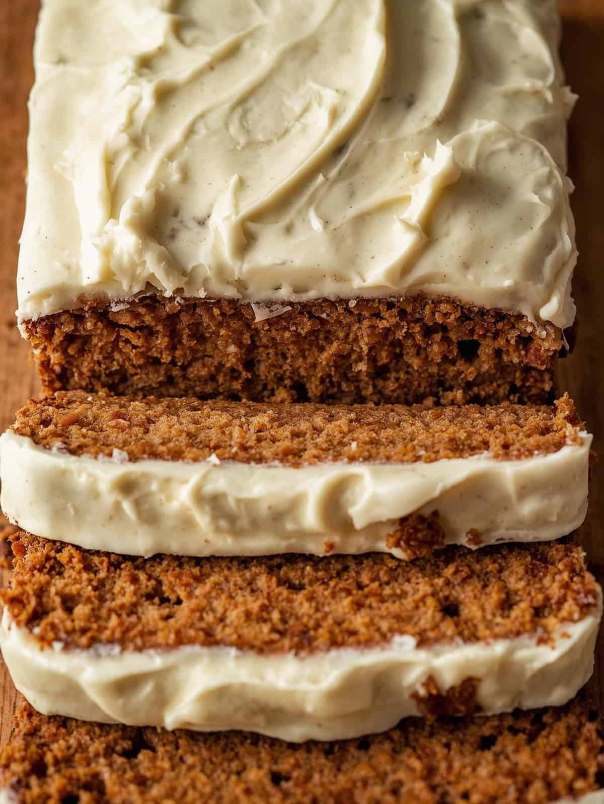 Panqué de Zanahoria 6 Carrot Cake loaf with cream cheese frosting slices
