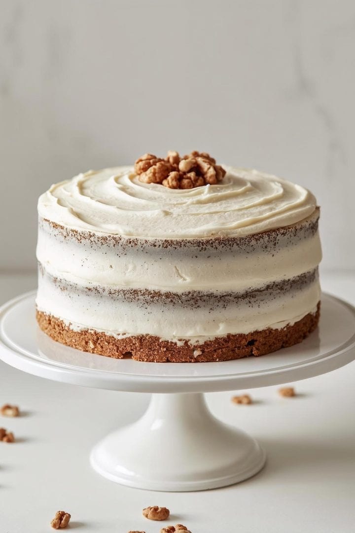 Pastel de Zanahoria Close-up food photography of a fully frosted 8-inch carrot cake with smooth,
