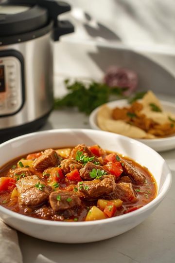 Carne Guisada de Res 12 Close-up food photography of carne guisada de res served next to an open stovetop pressure cooker. Beef and vegetables glossy in the broth. Bright, clean neutral daylight. High-key look