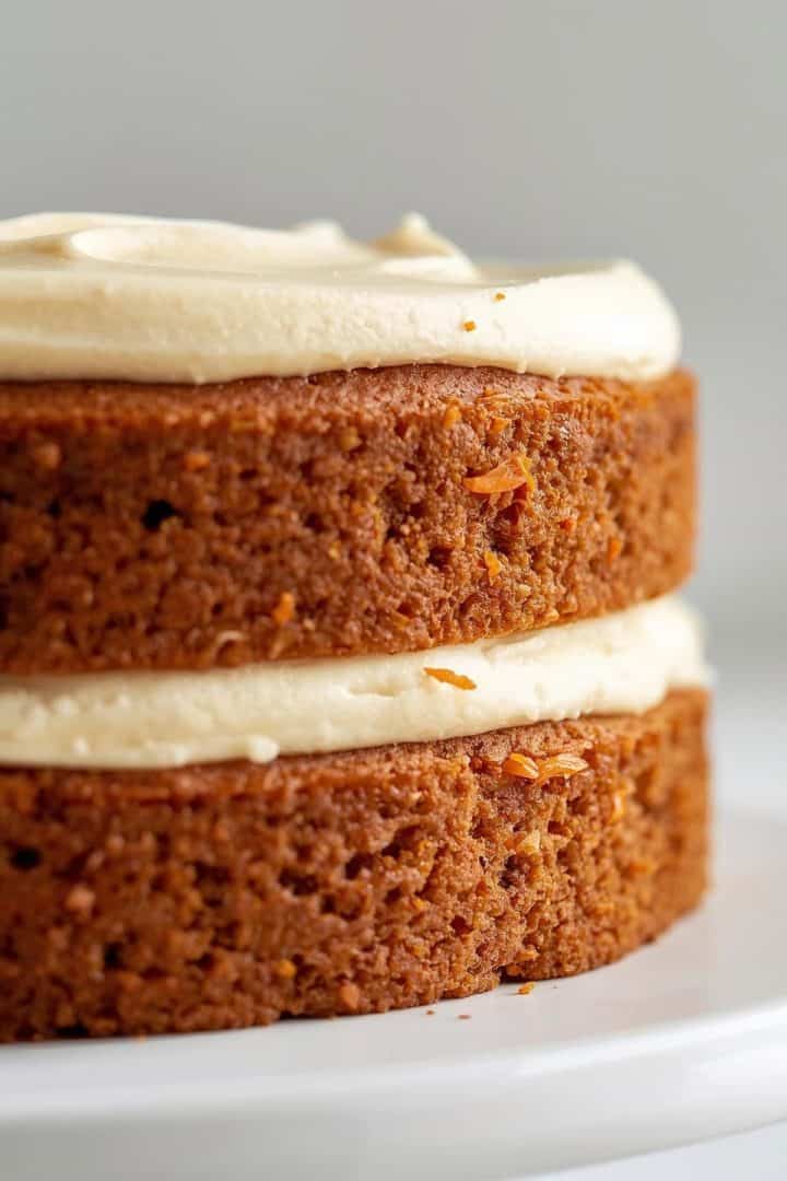 Close-up side-angle food photography of a two-layer carrot cake profile
