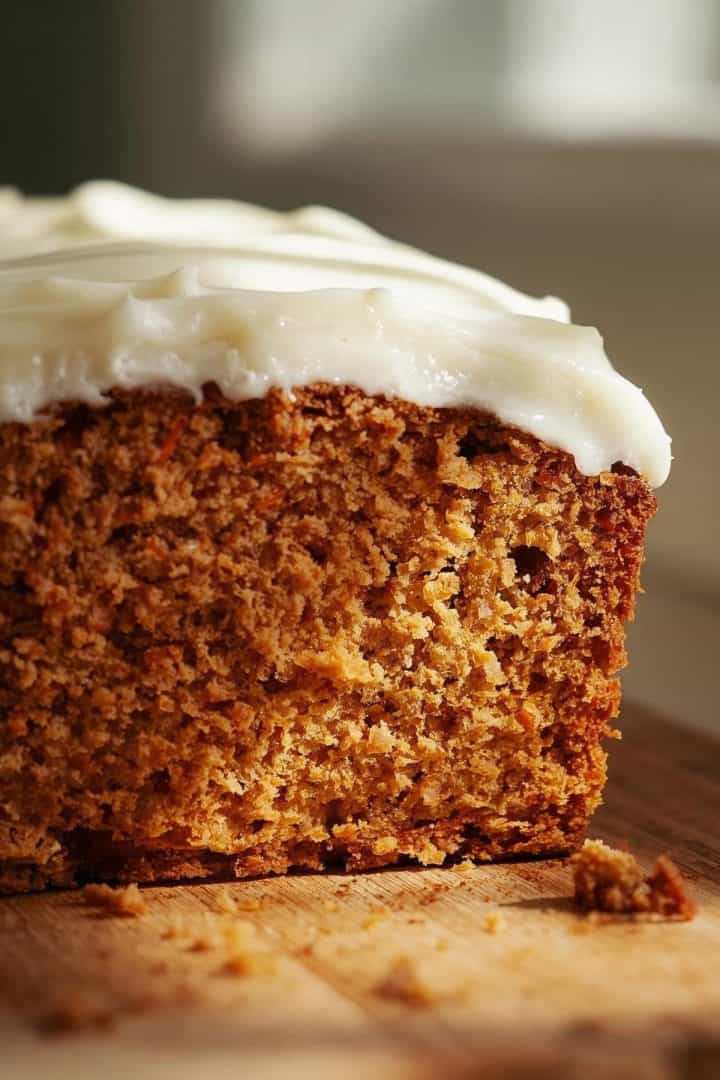 Panqué de Zanahoria 5 Close-up side view of a sliced carrot cake loaf with cream cheese frosting, soft orange crumb with carrot flecks, baked in a loaf pan, frosting only on top, natural wind