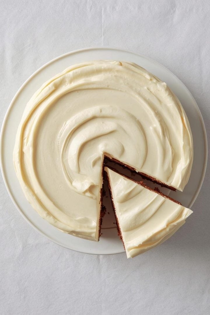 Top-down flat lay of a partially sliced carrot cake