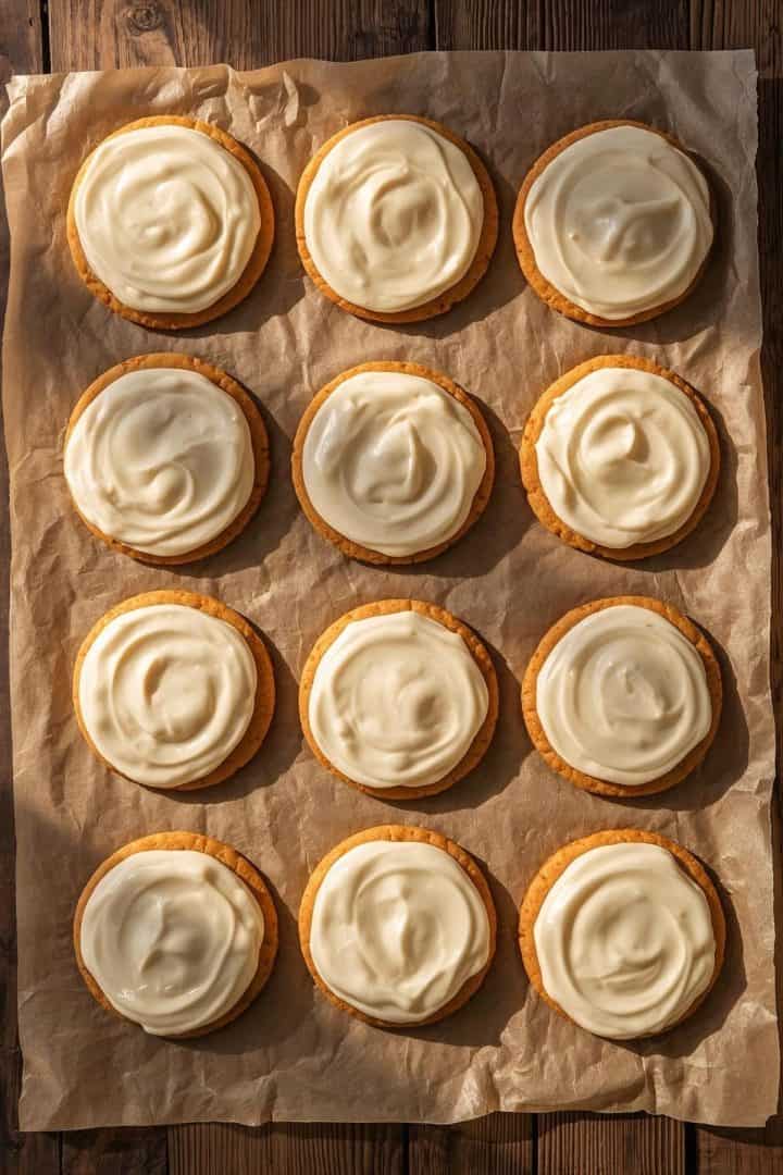 Carrot Cake Cookies 6 Top-down flat lay of soft, thin carrot cake cookies with smooth,