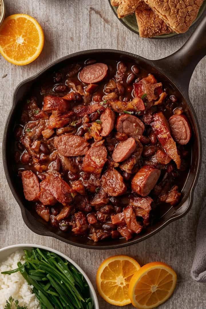 Top-down food photography of feijoada made with deep black