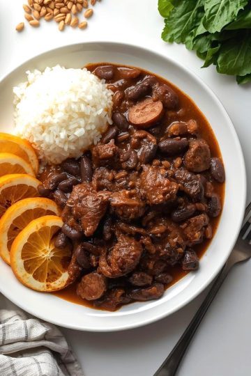 Top-down food photography of feijoada made with deep black beans, smoked