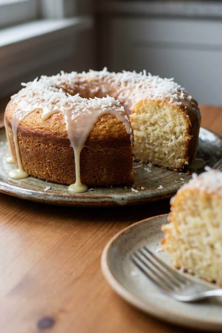Bolo de Coco and slice in a plate