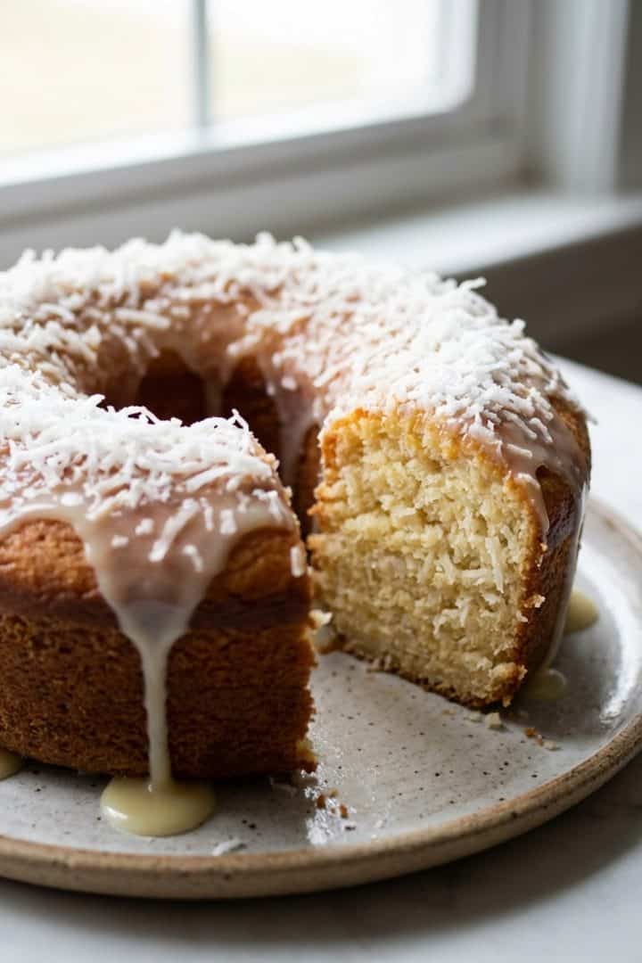 Bolo de Coco cut it in a plate