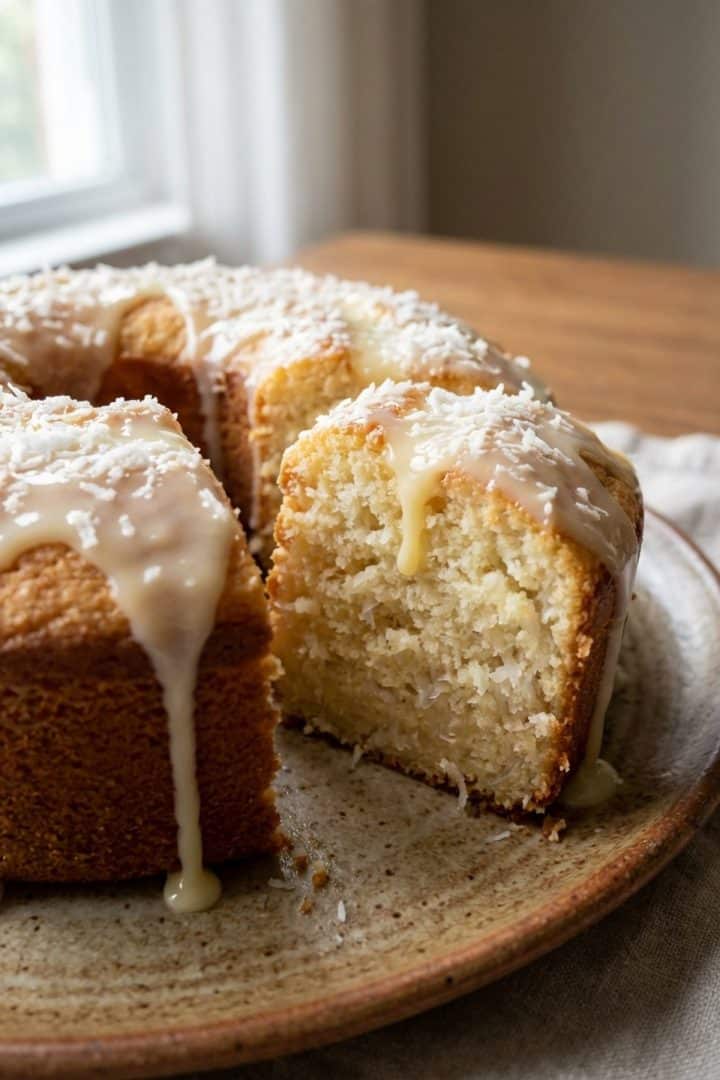 Bolo de Coco cut it in a plate close up