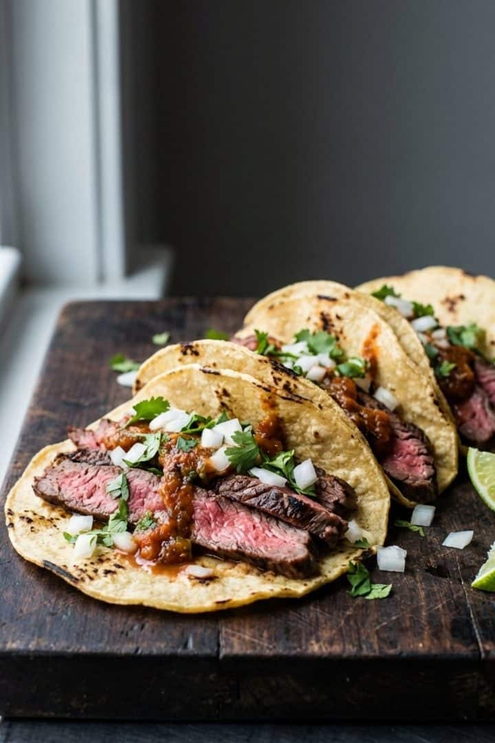 Carne Asada in the oven Tacos side view