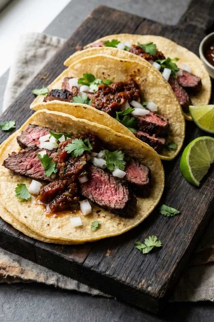 Carne Asada in the oven tacos in awooden board