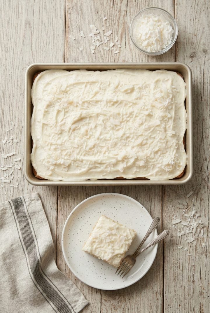 Coconut Sheet Cake with Cream Cheese Frosting 5 Coconut sheet cake with cream cheese frosting top view
