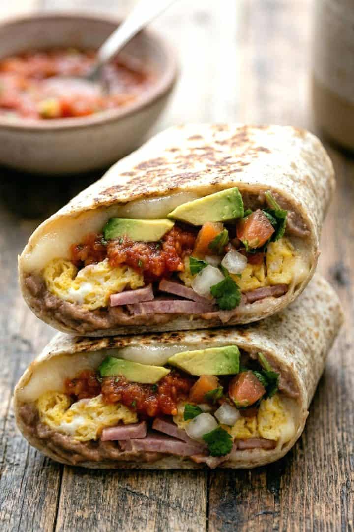 Mexican Breakfast Burrito Close-up texture shot in a plate 90