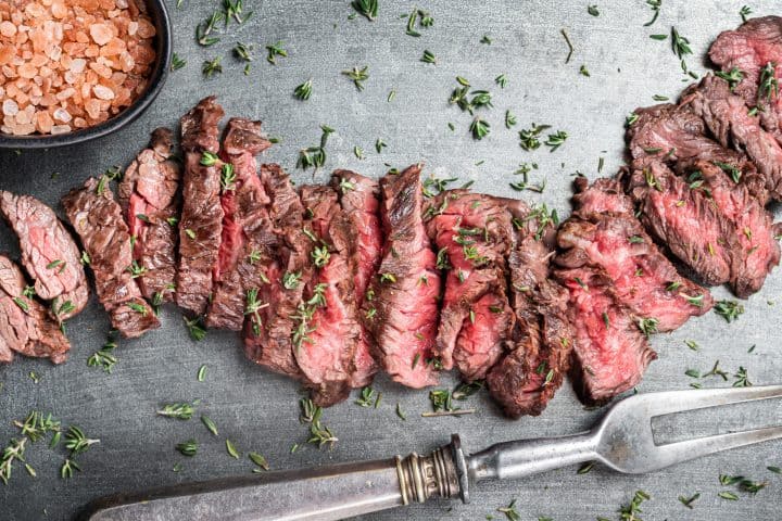 Mexican Carne Asada in a plate slices top view close up