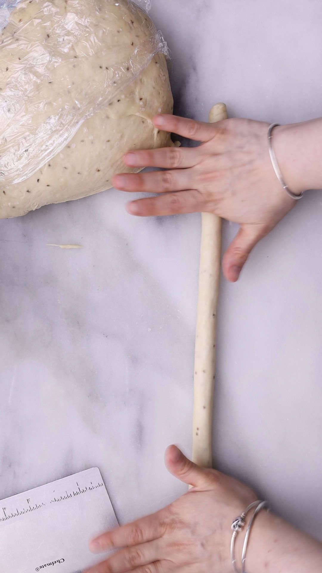 Roll out one piece to ½ inch thick, cut into 1-inch strips.