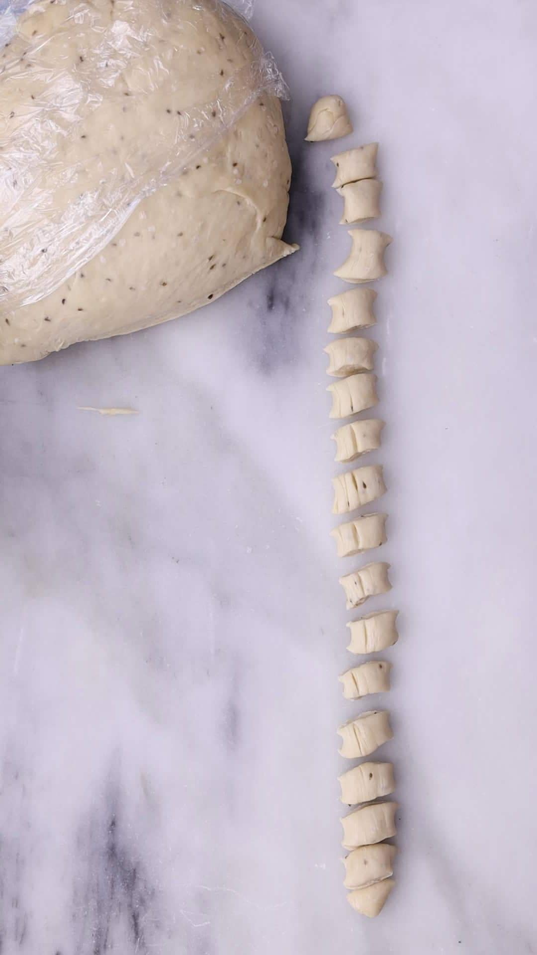 Roll out one piece to ½ inch thick, cut into 1-inch strips.
