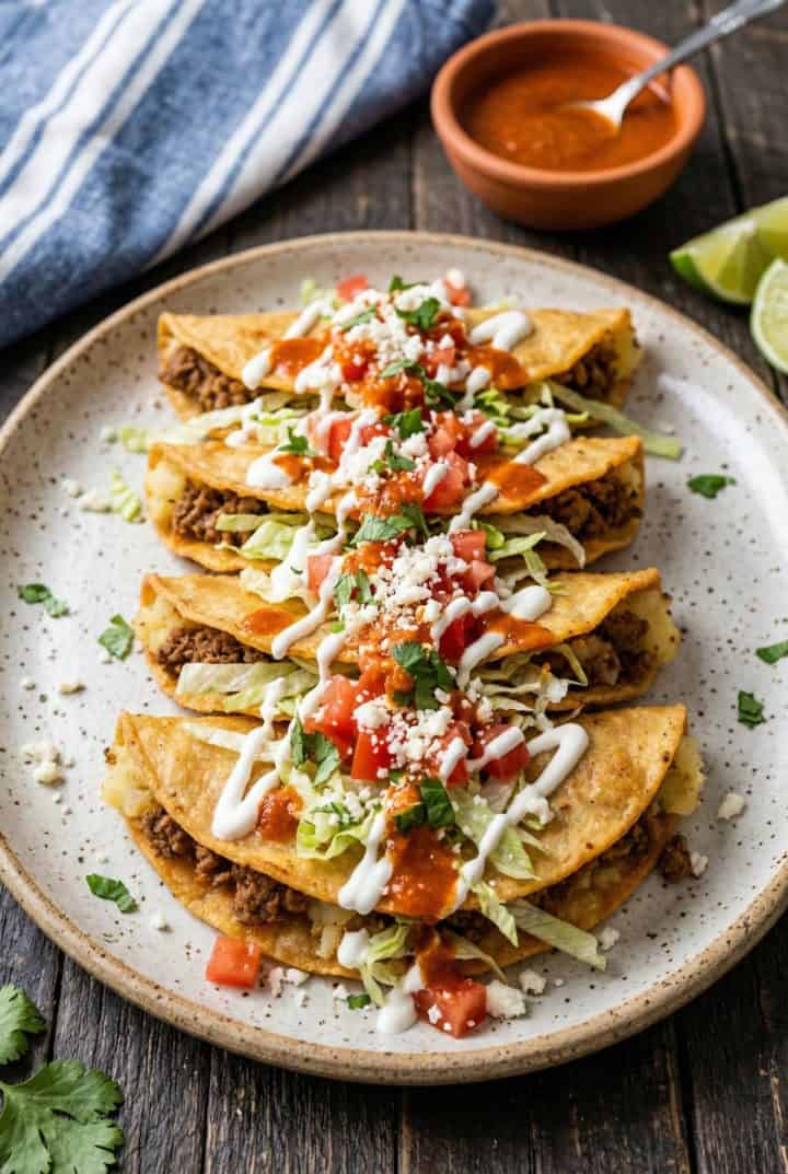 Tacos Dorados de Carne Molida y Papa side view