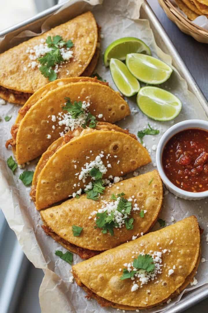 Tacos Zacatecas in a sheet pan top view