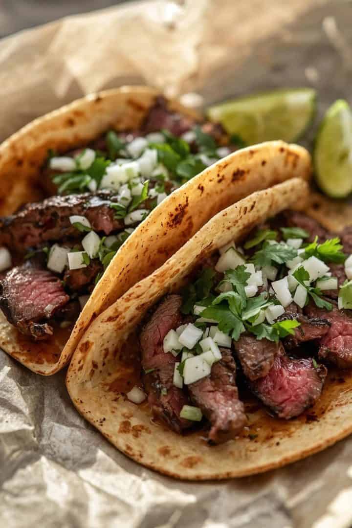 Two skirt steak tacos with sliced beef
