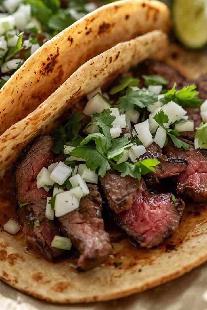 Two skirt steak tacos with sliced beef close up