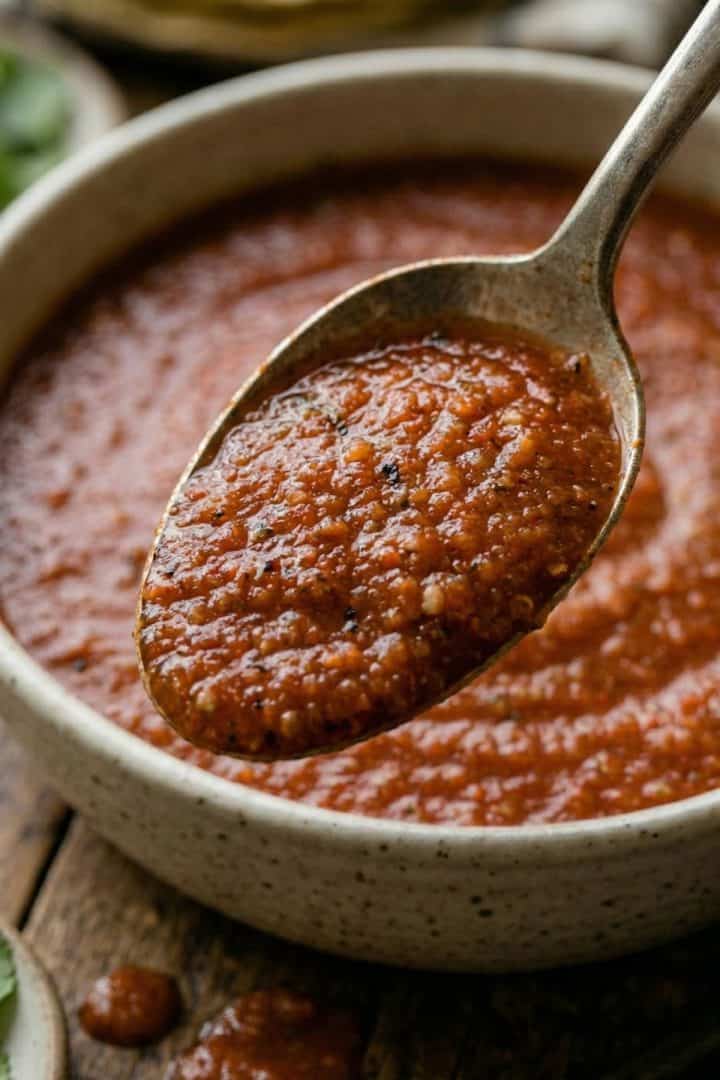 Salsa Ranchera 11 macro salsa rancherain in a spoon