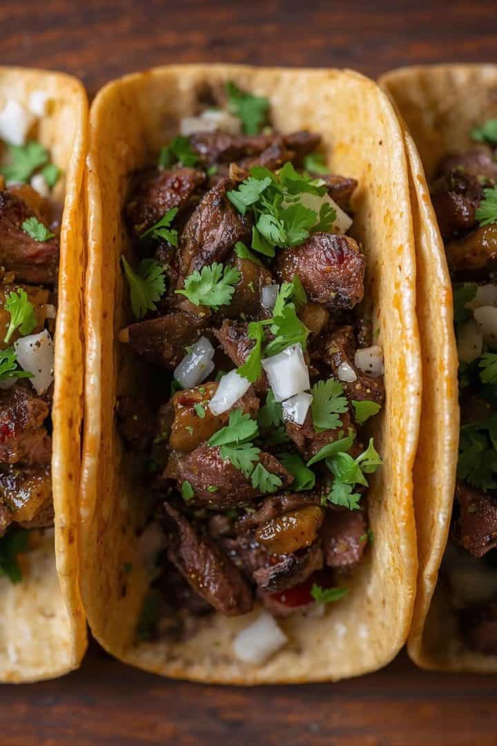Tacos de Carne Asada 9 Tacos de Carne Asada steak tacos with cilantro and onions top view