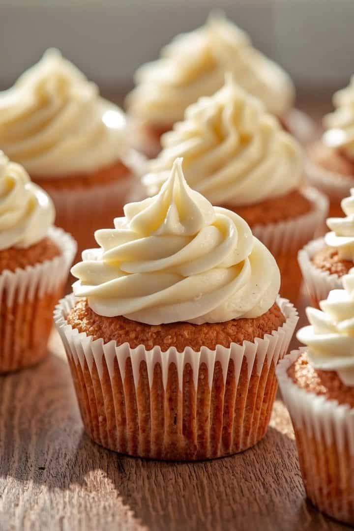 Carrot cake cupcakes with cream cheese frosting piped in star-tip swirls,
