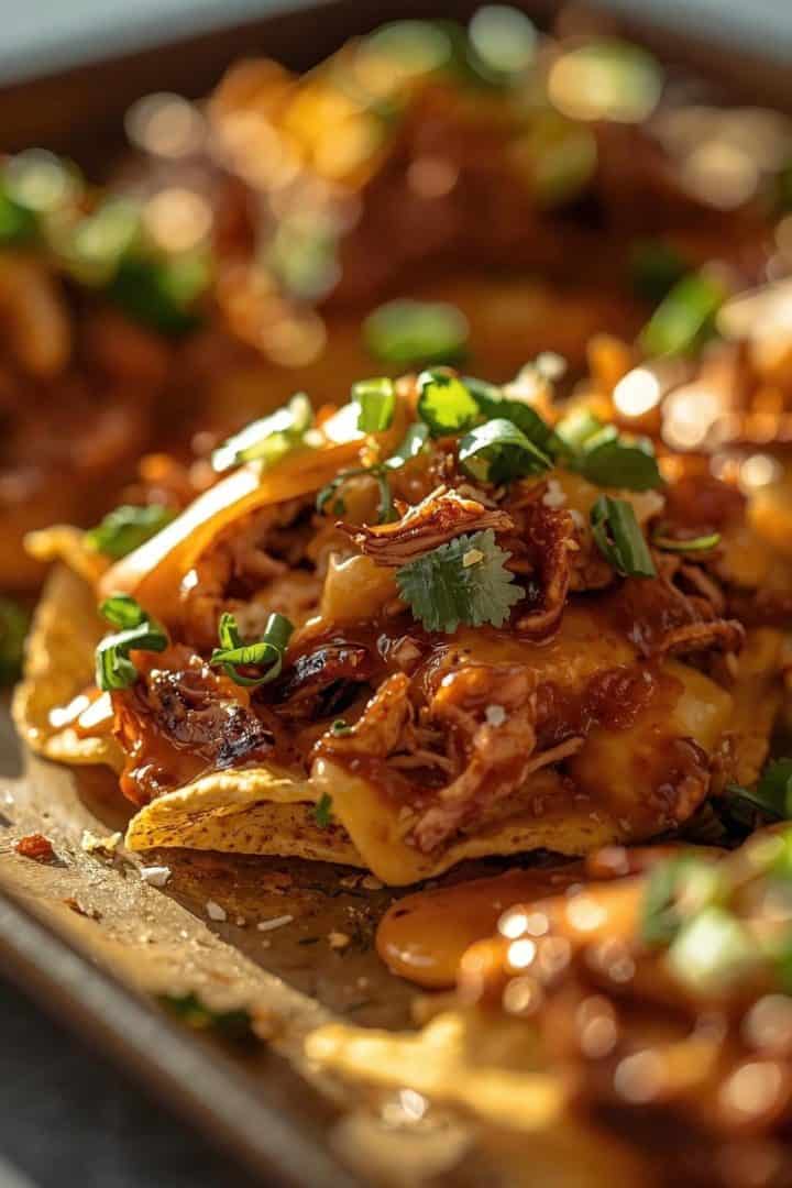 Chicken nachos on a baking sheet,
