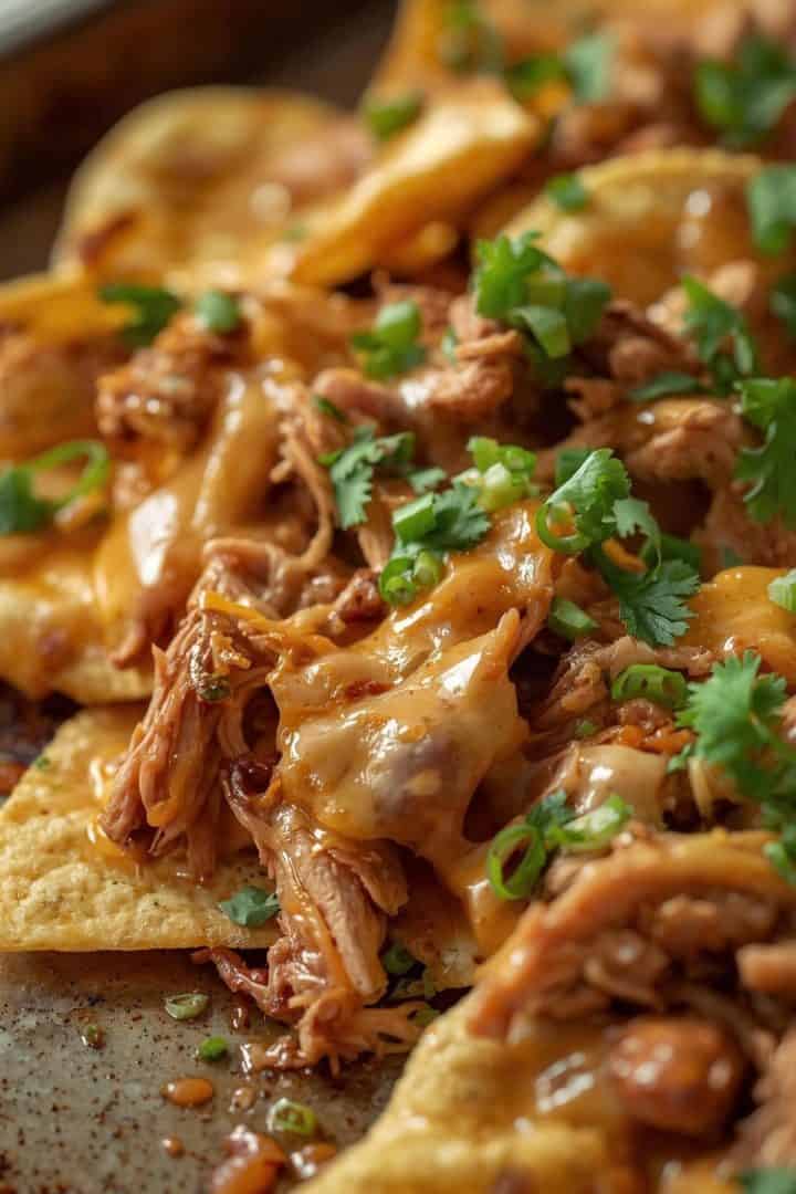 Chicken nachos on a baking sheet, melted cheese over shredded smoky chicken,