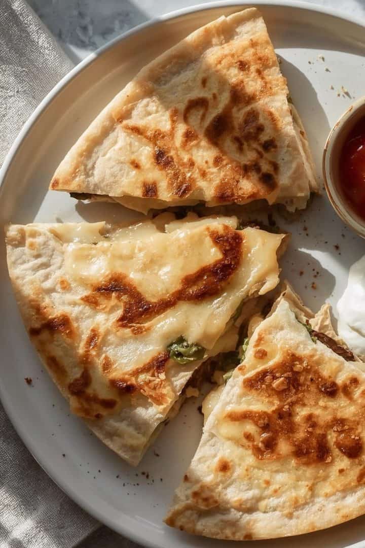 Chicken spinach quesadillas sliced into quarters on a simple white plate, melted cheese stretching slightly, visible chicken, sautéed spinach and mushrooms inside, golden crispy flour (1)