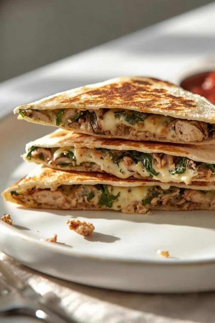 Chicken spinach quesadillas sliced into quarters on a simple white plate, melted cheese stretching slightly, visible chicken, sautéed spinach and mushrooms inside, golden crispy flour 