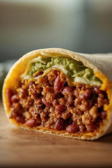 Close-up macro photo of a beef and bean burrito cut open