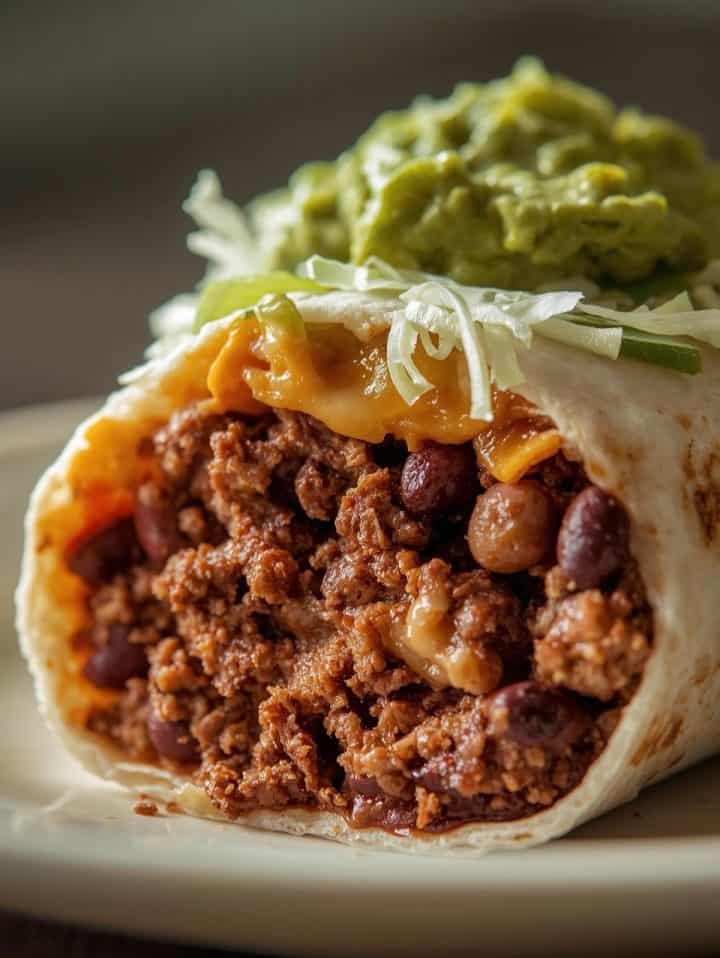 Beef and Bean Burritos 10 Close-up macro photo of a beef and bean burrito cut open, showing seasoned ground beef