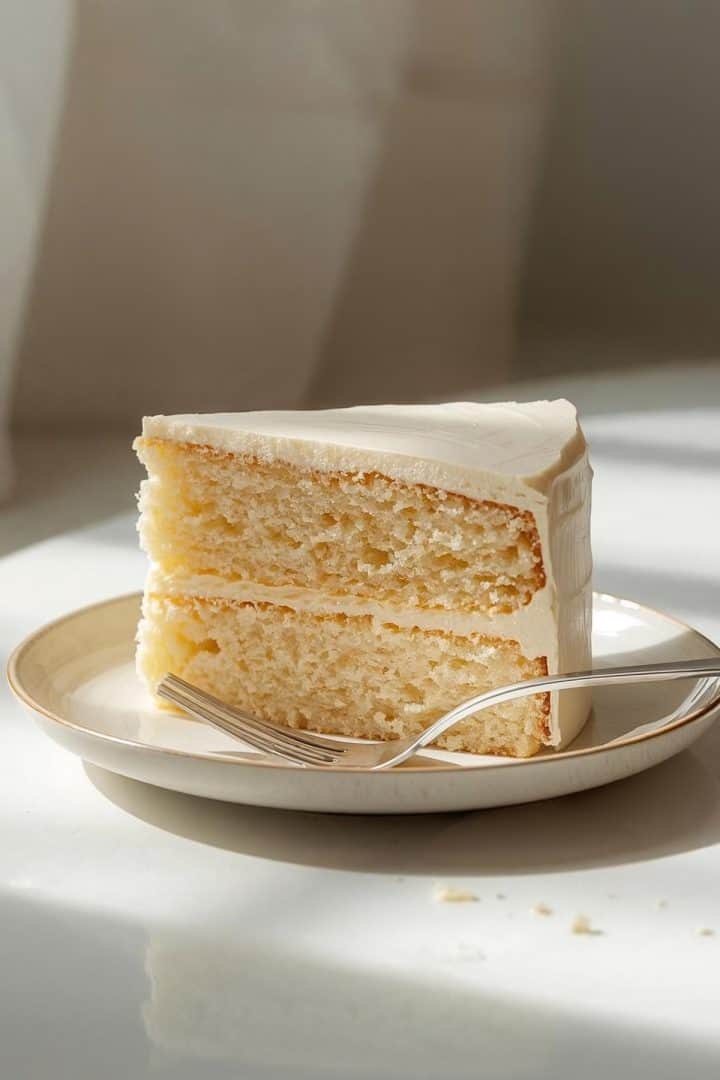 Close-up slice of vanilla cake on a small plate showing fine,