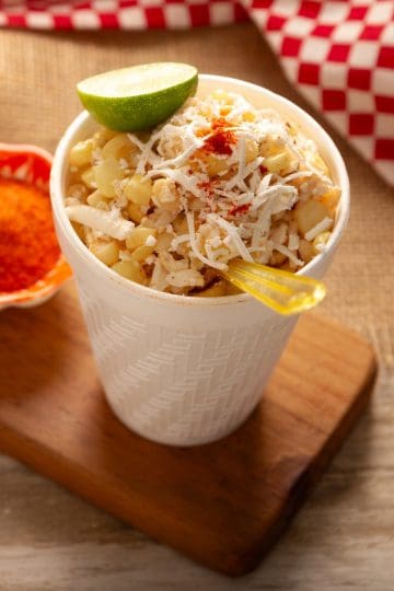 Elote en vaso (corn in a cup) side view
