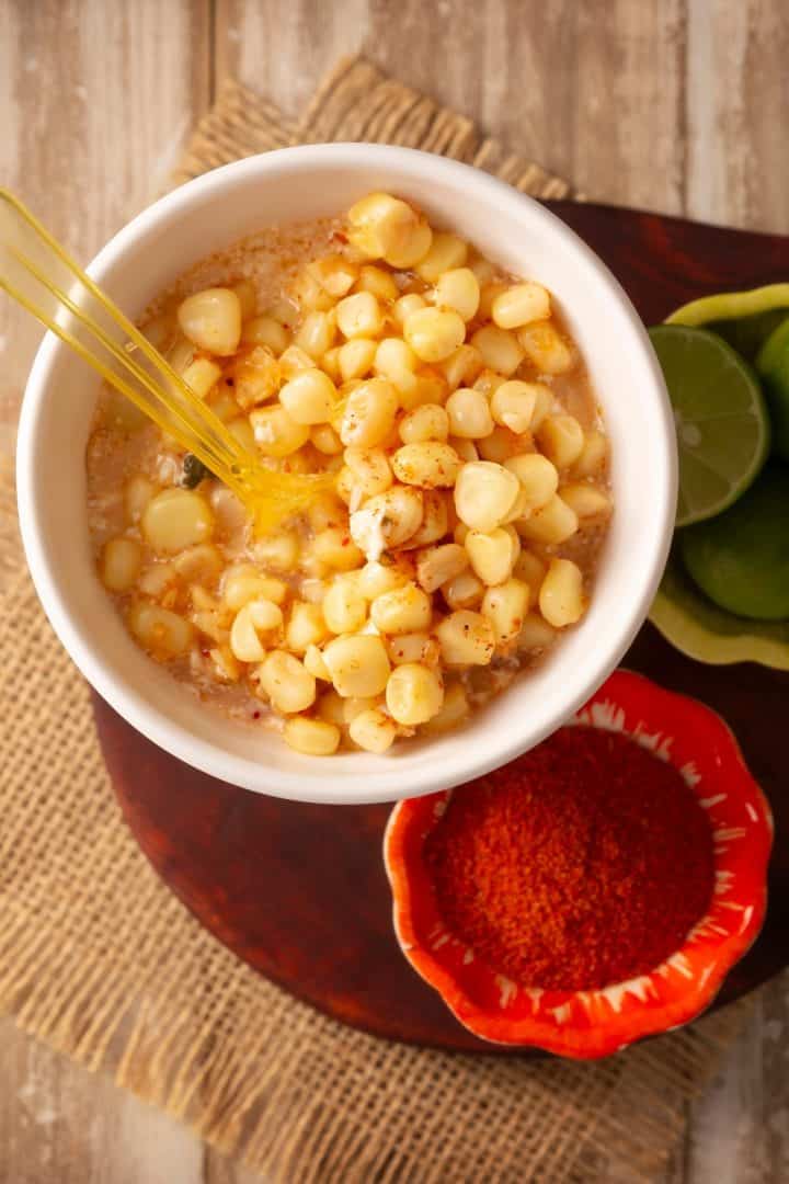 Elote en vaso (corn in a cup) top view