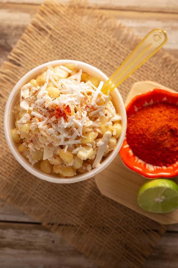 Elote en vaso (corn in a cup) top view close up