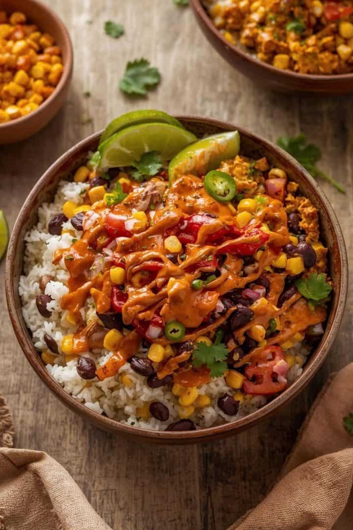 Healthy burrito bowl with white rice, black beans, roasted corn, sautéed poblano peppers, onions,