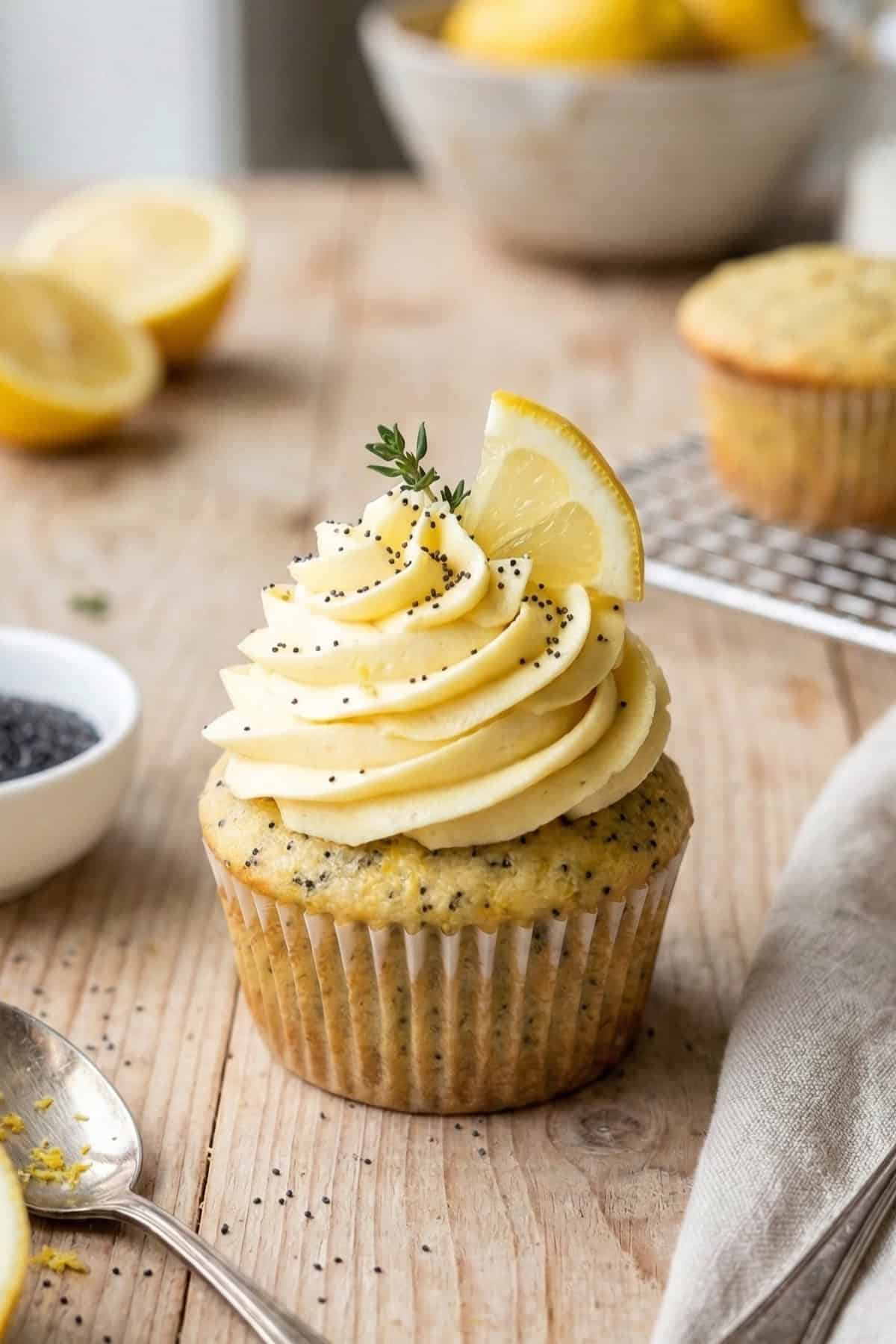 Lemon Poppy Seed Cupcakes side view close out