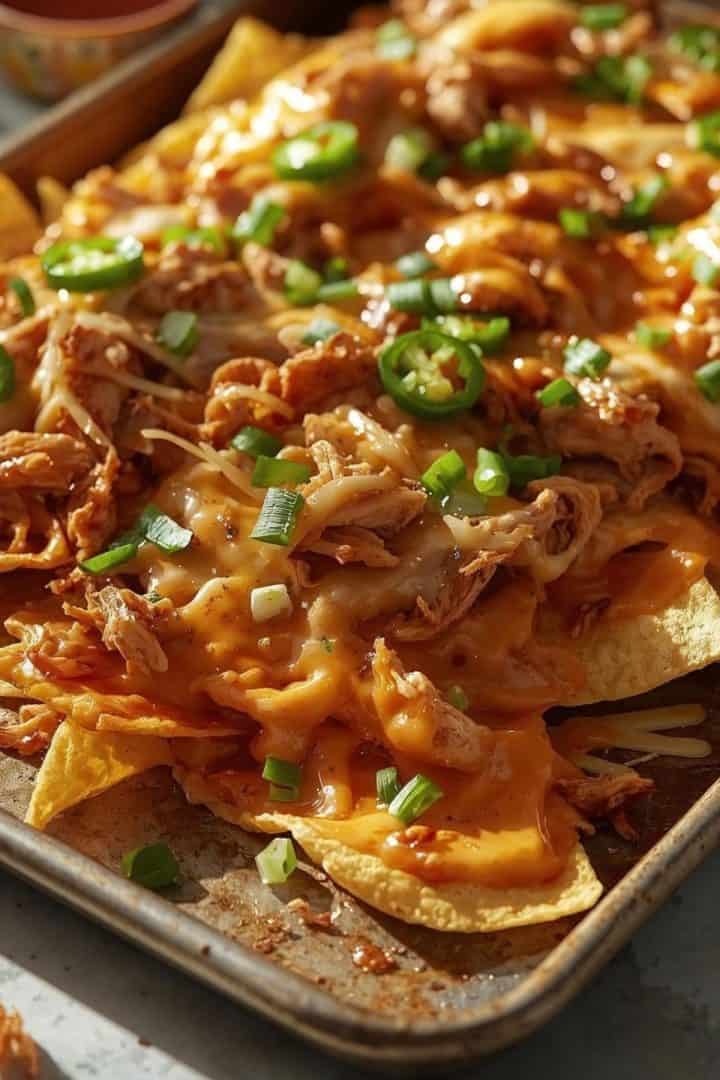 Nachos de pollo in a sheet pan