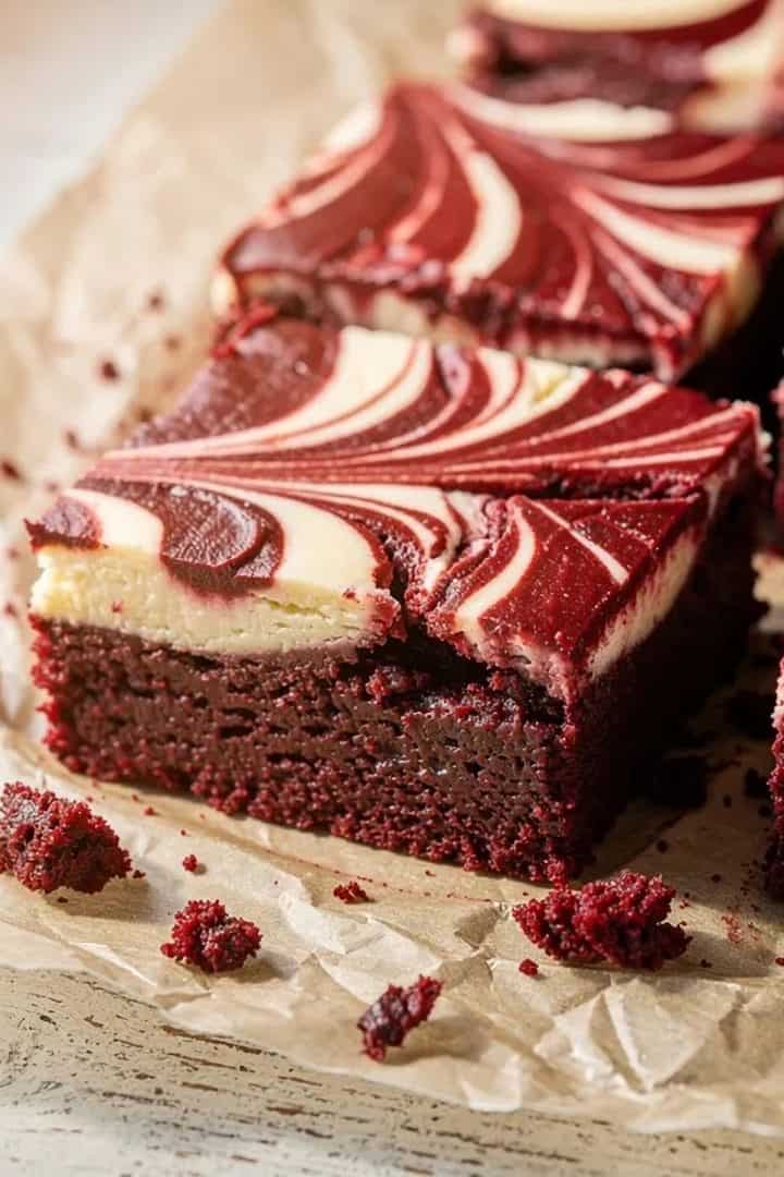 Red Velvet Cheesecake Brownies 8 Red velvet cheesecake brownies close up
