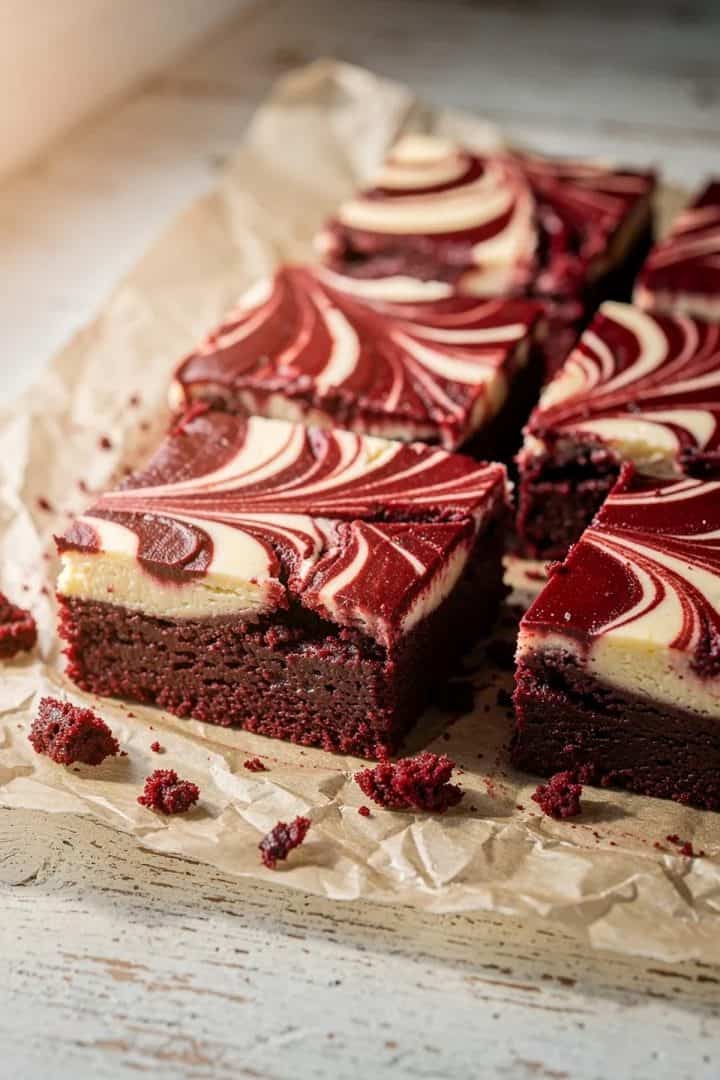 Red Velvet Cheesecake Brownies 5 Red velvet cheesecake brownies with cream cheese swirl cut into squares