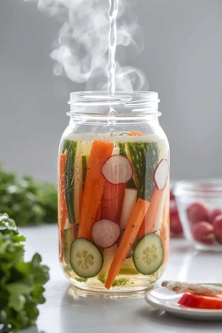 Refrigerator Pickling 8 Refrigerator pickling, hot vinegar pouring in a jar