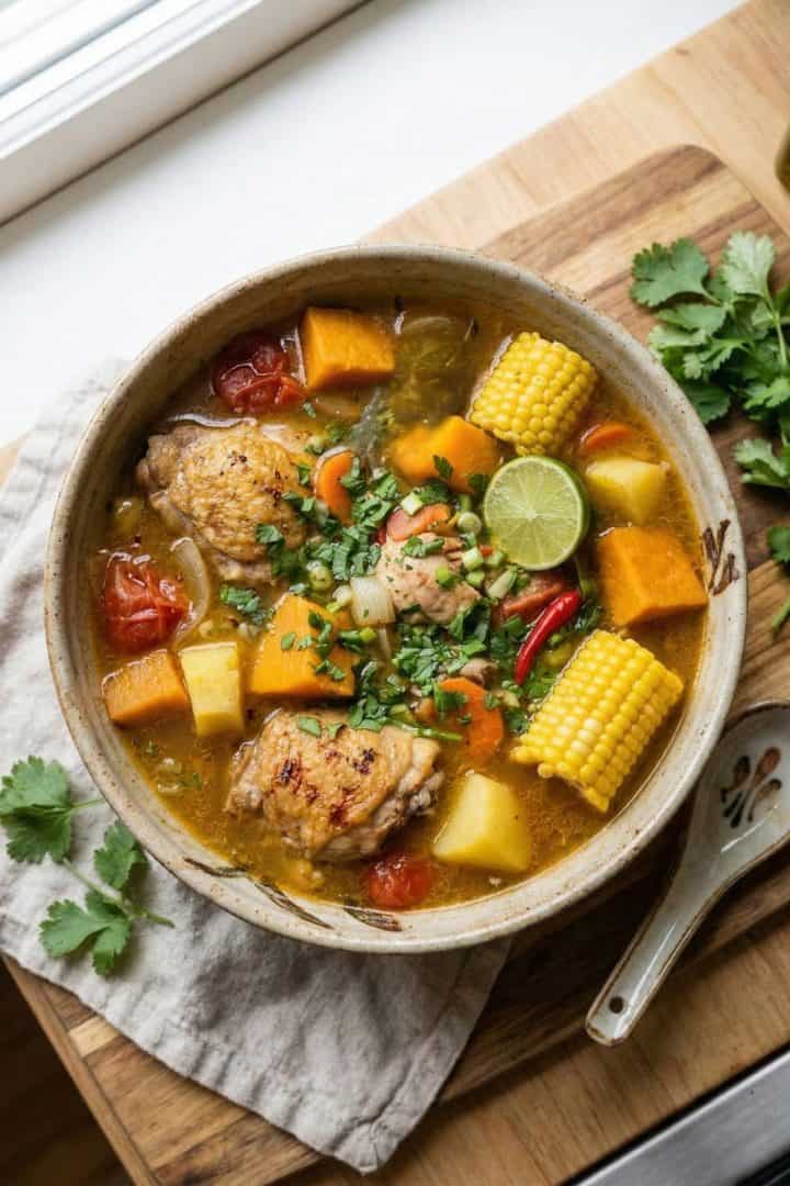 Sopa de pollo top view