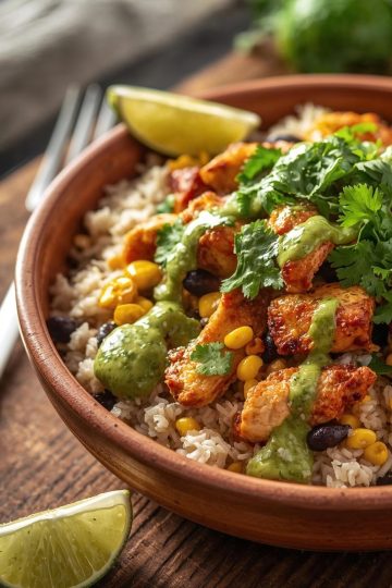 close up macro of Chicken burrito bowl with cilantro-lime rice, broiled chicken pieces, black beans, corn, chopped cilantro, and creamy salsa verde drizzled on top.