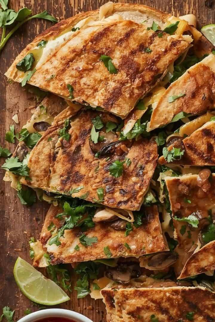 shot of sliced Chicken and Spinach Quesadillas