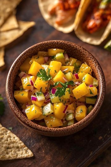 top view Vibrant mango cucumber salsa