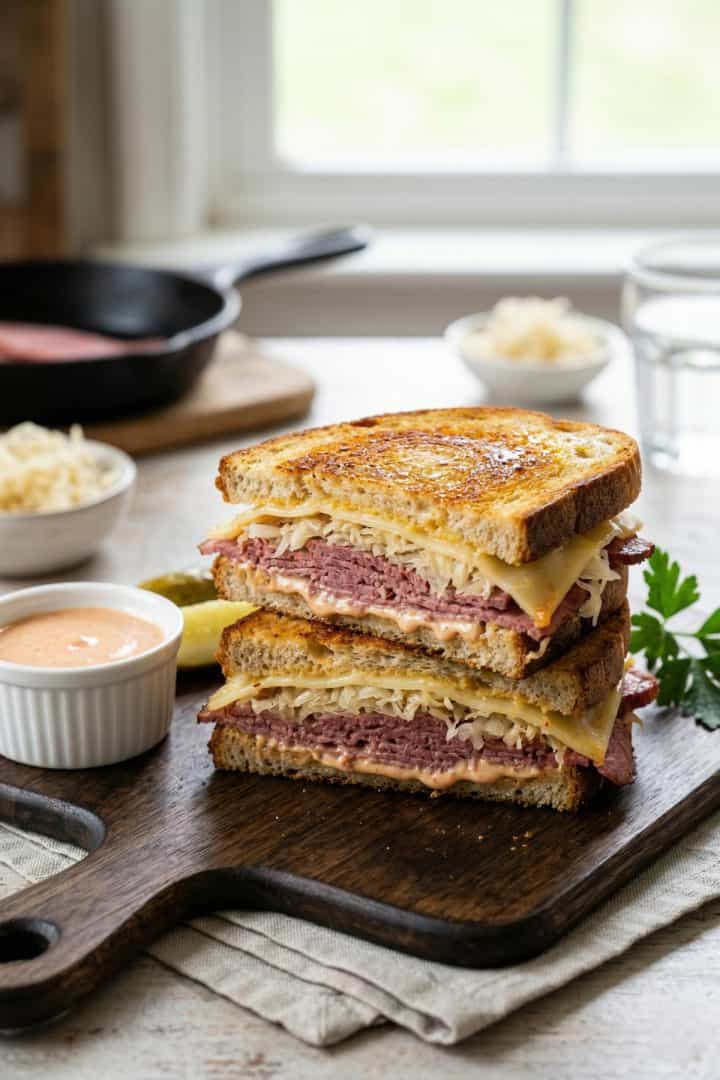 Classic Reuben in a wooed board side view