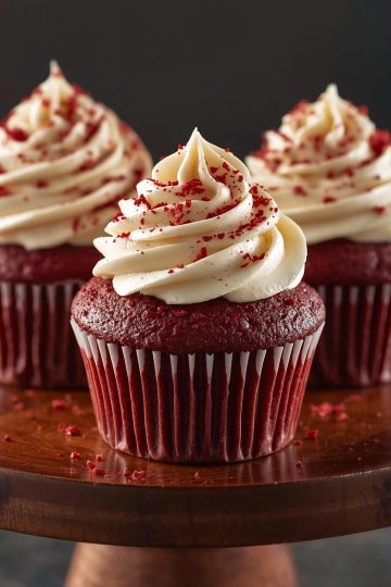 A close-up, high-definition photograph of three decadent Red Velvet cupcakes,