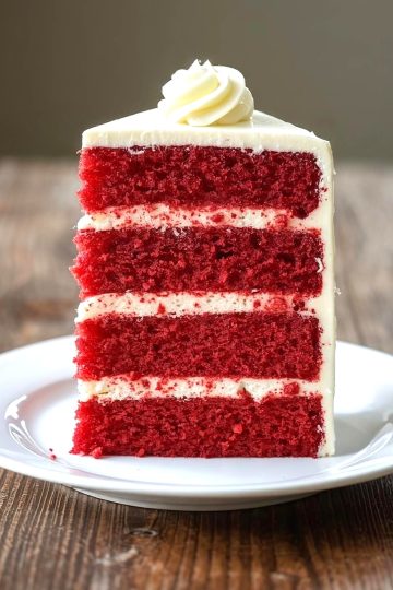 Tall slice of four layer red velvet cake with cream cheese frosting between each layer, showing distinct red velvet layers and smooth white frosting. Slice placed on a small white
